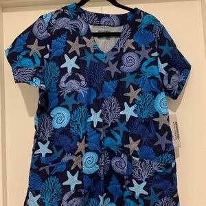 Blue Starfish Sea Life Print Women's V neck 2 pockets Scrub Top Large New W Tags